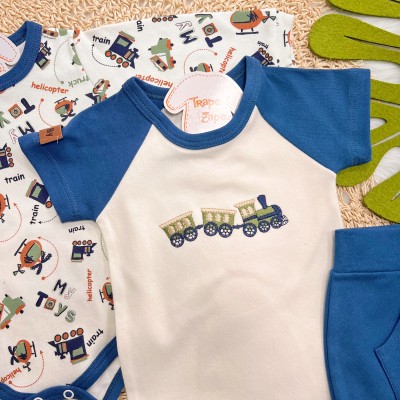 Conj. de Malha 3 peças - Trenzinho - Marinho e Off White